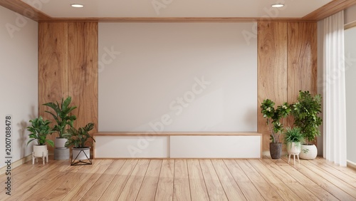 Minimal Living Room Interior with Wooden Wall and Copy Space for Mockup.3d rendering.