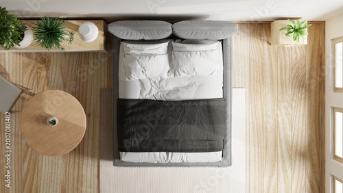 Top View Minimal Bedroom with Wooden Floor and Cozy Bed Interior.3d rendering.