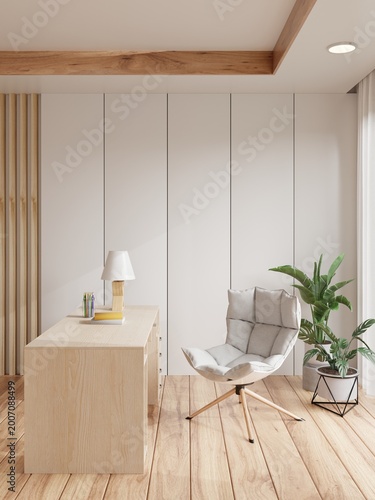 Minimal Home Office Interior with Wooden Desk and Copy Space Wall.3d rendering.