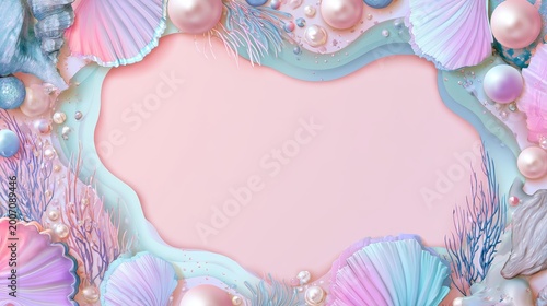 Cute mermaid birthday frame seashells ocean pearls pastel pink background underwater princess party design decorative sea elements invitation layout with whimsical fantasy celebration theme