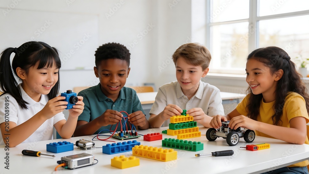 Fototapeta premium Children playing with building blocks and electronics