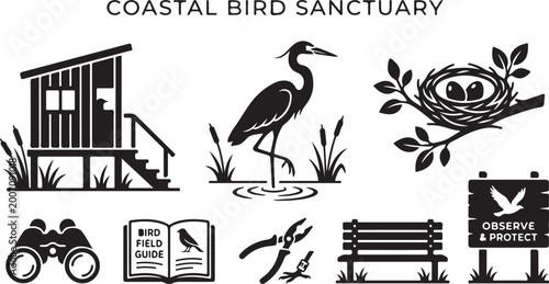 Fotografia Coastal bird sanctuary set featuring a wildlife observation blind, heron, bird n