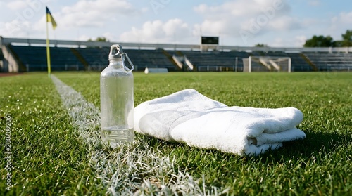 Water bottle and white towel placed on green grass of empty soccer stadium field.