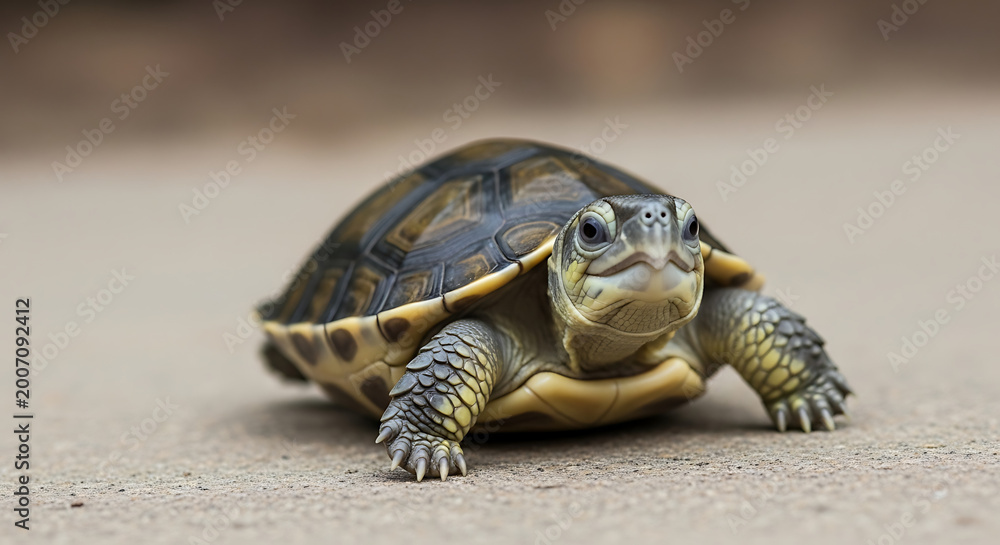 Obraz premium A cute turtle walks on sandy ground with a smiling expression on its face