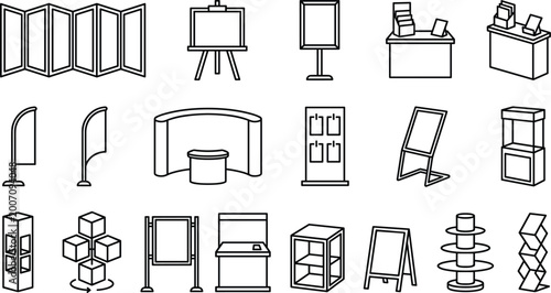 Black and white display stand icons including booths, panels, easels, counters, banners, and shelving for trade shows