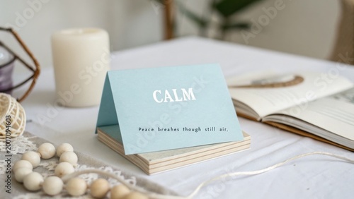 Soft pastel card with the word CALM and inspirational quote on a wooden stand, representing inner peace and tranquility.