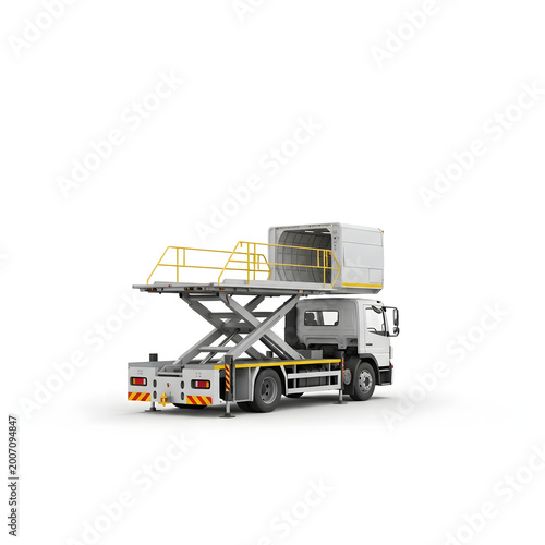 Airport Catering High-Lift Truck with Extended Scissor Platform Isolated on White Background for Aviation Logistics