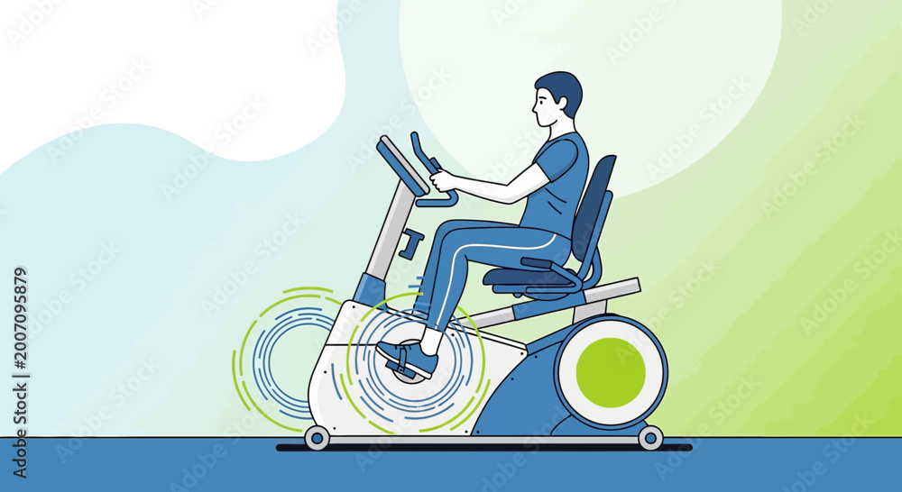 Fototapeta premium Man exercising on a recumbent stationary bike for fitness and health