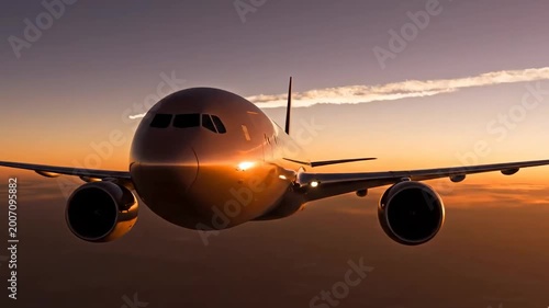 Passenger plane flying at sunset over sunset clouds going on vacation. Scenic view of sunset sky while plane flies through it
