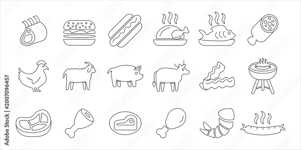 Fototapeta premium meat icon set bundle. meat, beff, steak, pork, grill, bbq, meal, food and more. simple flat line vector
