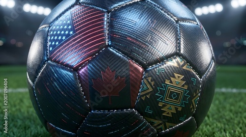 Modern soccer ball featuring international flags and cultural patterns on field.