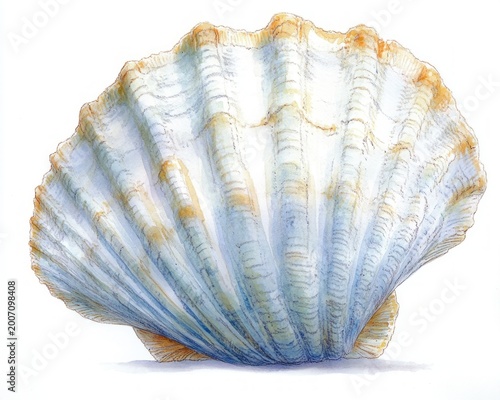 Delicate fan-shaped scallop shell with blue and sandy tones resting on a white background, serene coastal watercolor study