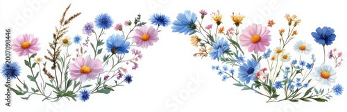 delicate watercolor wildflower border with pink daisies, blue cornflowers, chamomile daisies, small yellow blossoms, grasses and green foliage evoking a fresh cheerful springtime mood