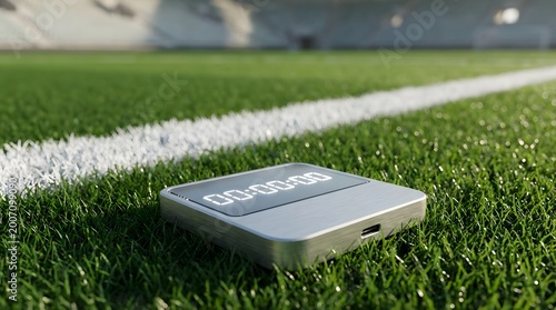 Modern silver digital timer sitting on lush grass near stadium touchline.