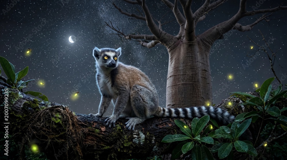 Fototapeta premium Lemur sitting on a tree branch in a mystical forest at night with fireflies