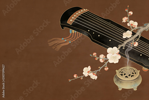 Black guqin with plum blossoms and incense burner on brown background