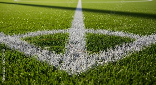 White painted corner kick mark on green grass soccer field