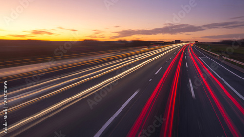 Photos Long exposure of highway traffic at sunset, creating vibrant red and white light streaks from moving vehicles against a colorful twilight sky