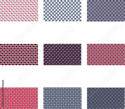 Abstract geometric textile pattern set with blue and red motifs