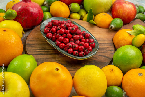 front view fresh fruits different ripe and mellow fruits on white background diet photo tasty berry health color