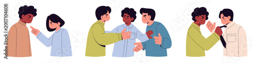 Tableau sur toile Flat vector illustration of people in conflict and argument scenes, diverse char