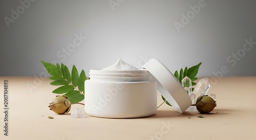 Natural organic cosmetic cream jar with cinnamomum camphor essence and fresh botanical leaves on a neutral background for luxury sustainable skincare