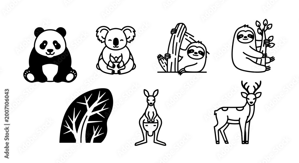 Fototapeta premium Black and white animal illustrations panda koala sloth kangaroo deer vector set