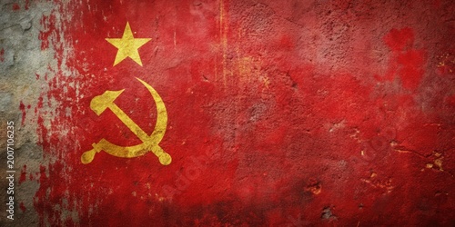 Close-up of dirty USSR flag on metal surface, national emblem, communist symbols,  national emblem