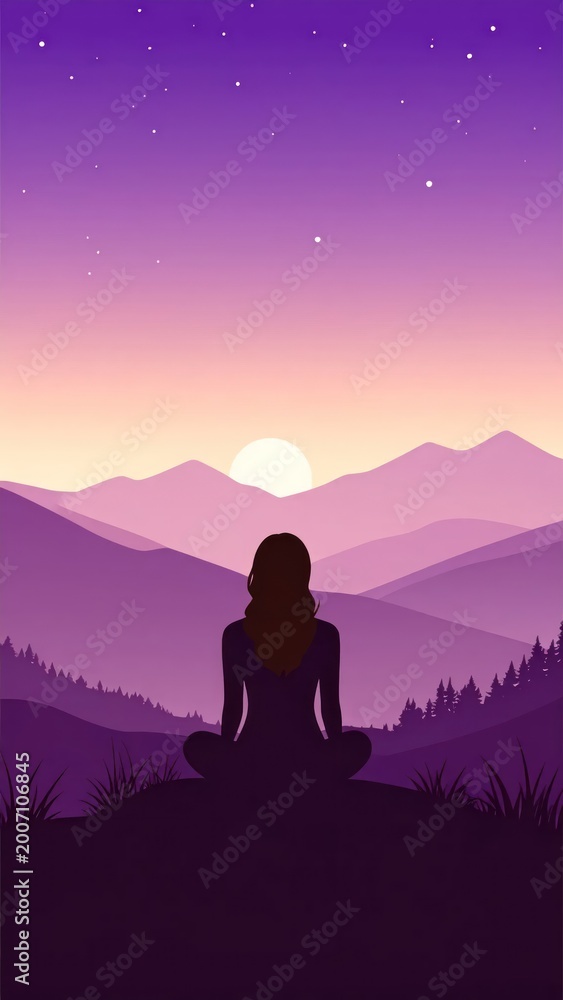 Obraz premium Silhouette of a person meditating atop a hill at sunset, overlooking mountains