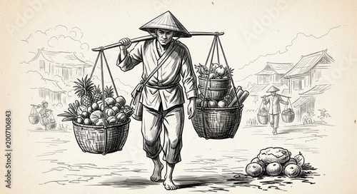 Vintage illustration of a farmer carrying baskets of produce on a shoulder pole.
