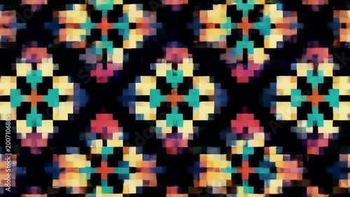 Abstract, geometric pattern with colorful block-like shapes on a black ground