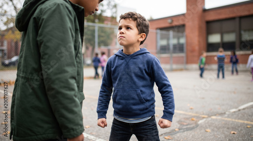 Young boy looking angry during confrontation in school playground