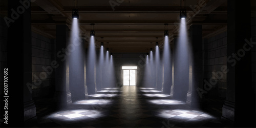 Photos A perspective view through an ancient Gothic stone corridor shows a light at the