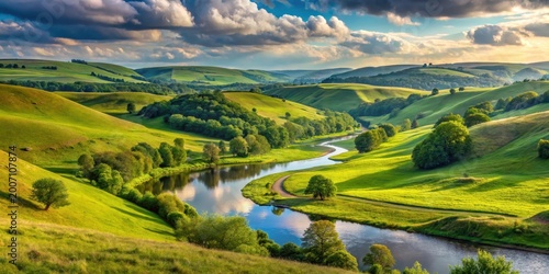 Valley landscape with rolling hills and river, serene atmosphere