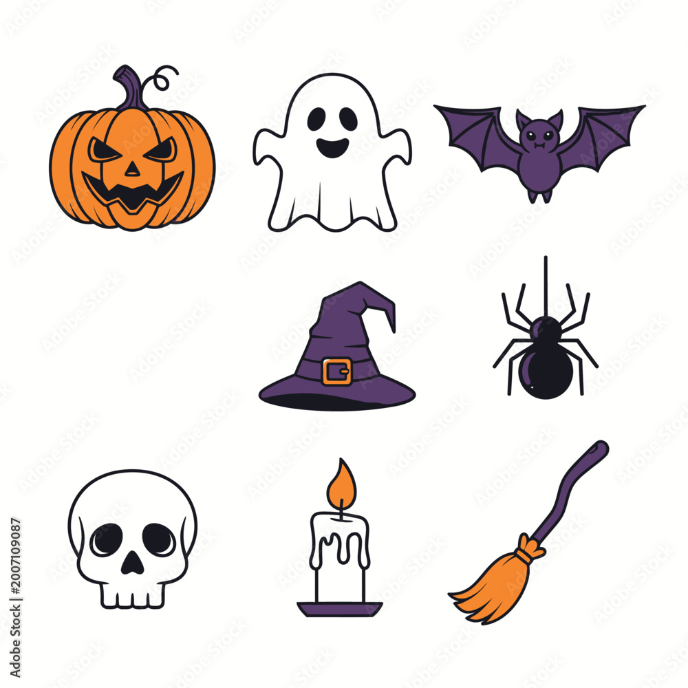 Obraz premium Halloween icons pumpkin ghost bat witch hat spider skull candle broom