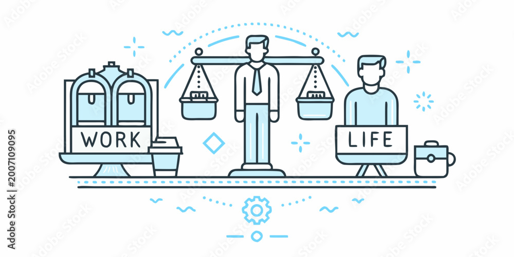 Fototapeta premium Balance scale illustration comparing work and life blue line art