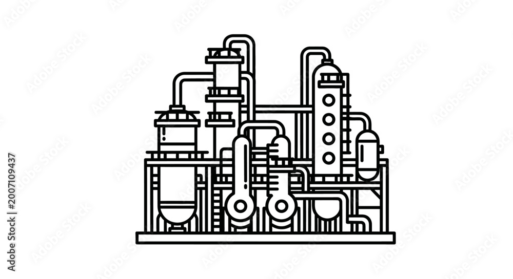 Fototapeta premium Industrial plant illustration in black and white with pipelines and tanks