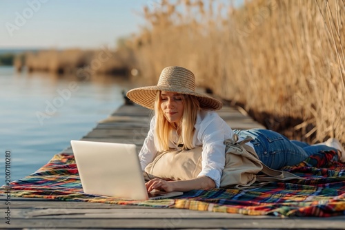 Woman in wide-brimmed hat lies on wooden dock, engrossed in her laptop. Scene is bathed in warm light of sunset, with calm water and dry reeds in background. High quality photo
