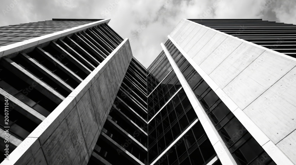Fototapeta premium Modern skyscraper architecture in black and white, low angle view of corporate office building towers against cloudy sky, minimalist urban glass and concrete facade for business background.