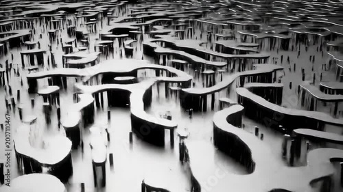 Abstract grayscale depiction of a watery, elevated landscape