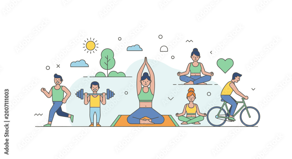 Fototapeta premium People engaging in various fitness activities in a line art style