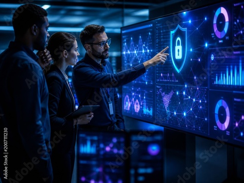 Team analyzing cybersecurity data on large digital screen, technology and network security concept for data protection, analytics and IT operations