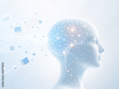 Human head with glowing neural connections and data flow, artificial intelligence and digital brain concept for machine learning, cognition and technology