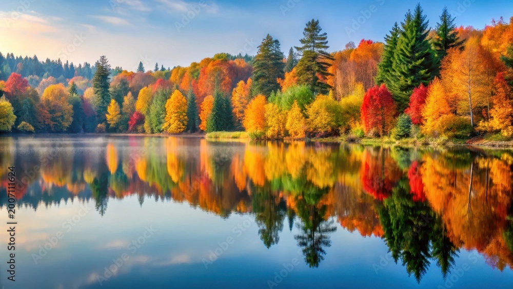 Obraz premium Serene Autumn Landscape with Reflecting Lake, autumnal hues