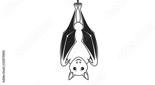Stylized black and white illustration of a hanging bat on a white background