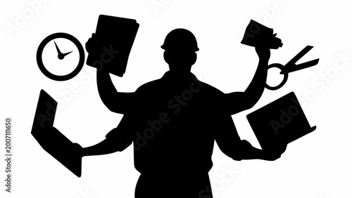 Busy worker silhouette multitasking with various office tools and documents