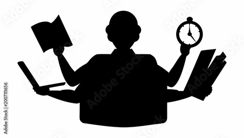 Busy worker silhouette with multiple tasks and clock symbolizing multitasking