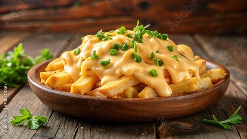 Golden brown cheesy fries with a rich and creamy melted cheese sauce dripping down the sides, appetizer, cheesy goodness