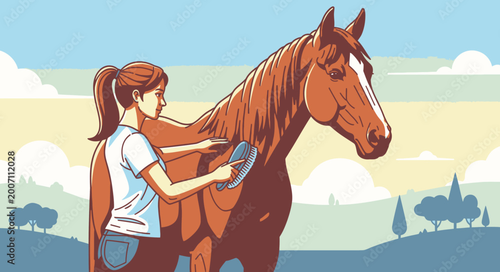 Obraz premium Woman brushing horse outdoors equine care and animal husbandry concept