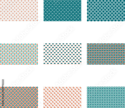 Abstract geometric seamless patterns in teal and purple tones